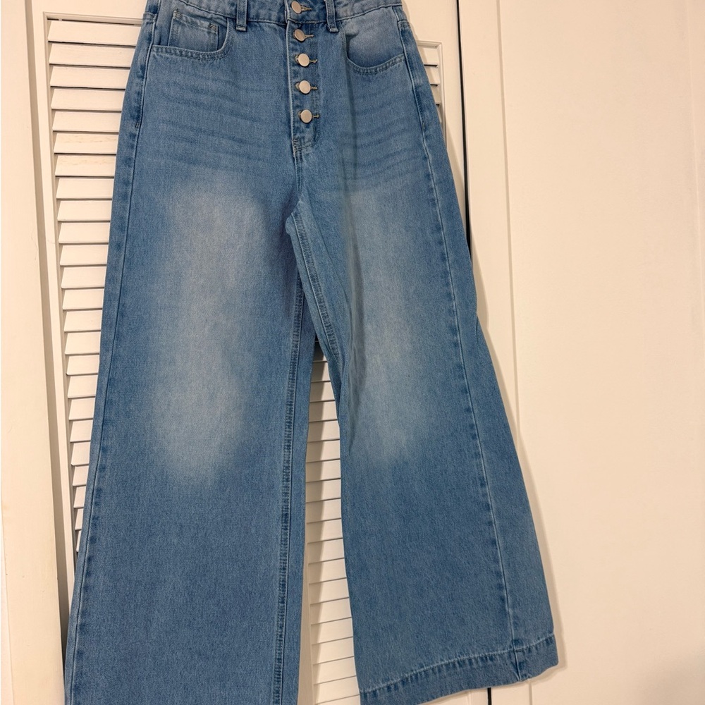 SHEIN Light Blue Button-Front Wide Leg Jeans